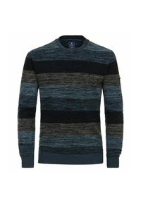 Dunkelblauer gestreifter Pullover mit horizontalen Bändern in verschiedenen Farbtönen, runder Ausschnitt und gerippte Bündchen. Weicher Strickstoff.