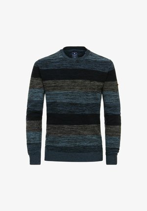 Dark blue striped sweater with horizontal bands of varying shades, featuring a round neck and ribbed cuffs. Soft knit texture.
