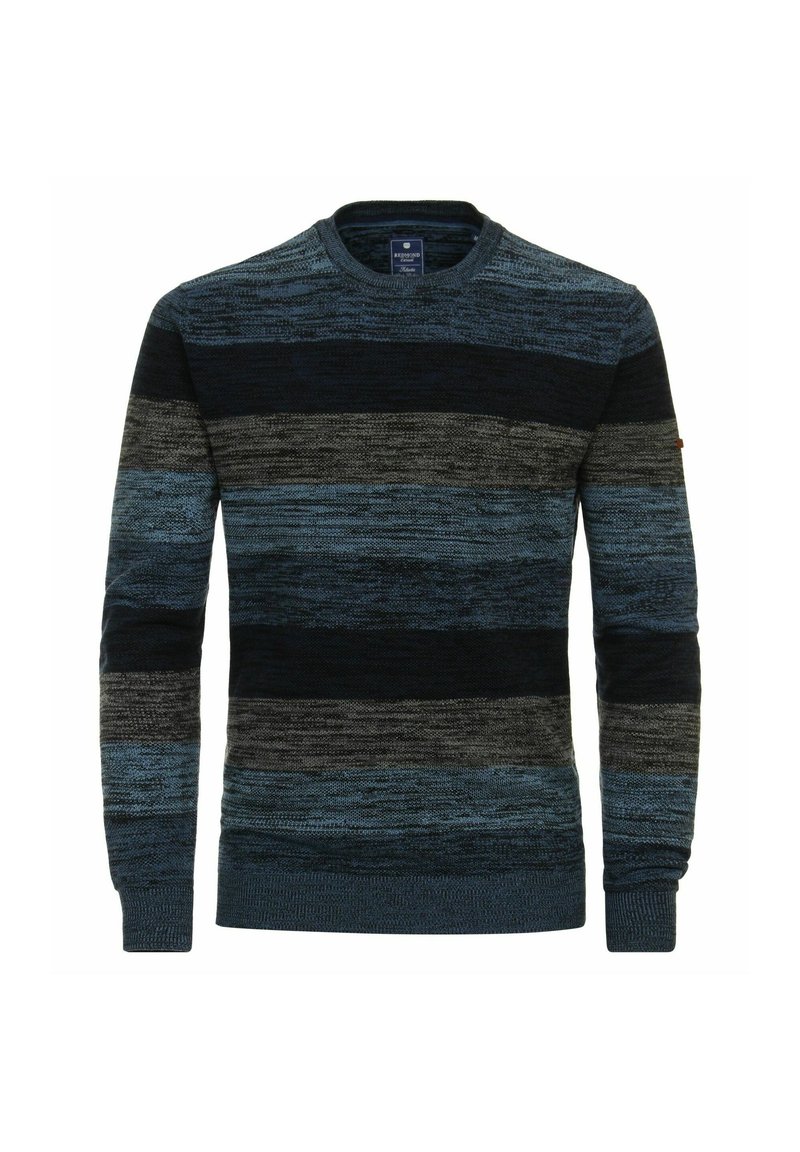 Dunkelblauer gestreifter Pullover mit horizontalen Bändern in verschiedenen Farbtönen, runder Ausschnitt und gerippte Bündchen. Weicher Strickstoff.