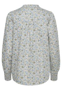 Blumenbluse mit blauen, rosa und grünen Mustern auf einem weißen Hintergrund. Lange, gepuffte Ärmel mit elastischen Bündchen und einem runden Ausschnitt.