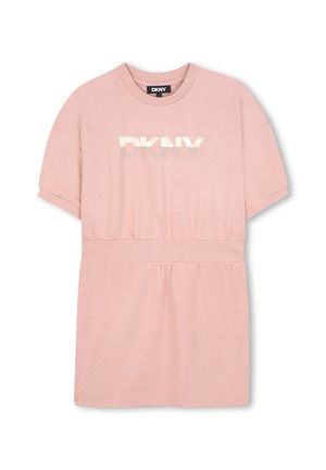 Roze katoenmix T-shirt jurk met korte mouwen, geribbelde halslijn, elastische taille en metallic "DKNY" logo aan de voorkant.