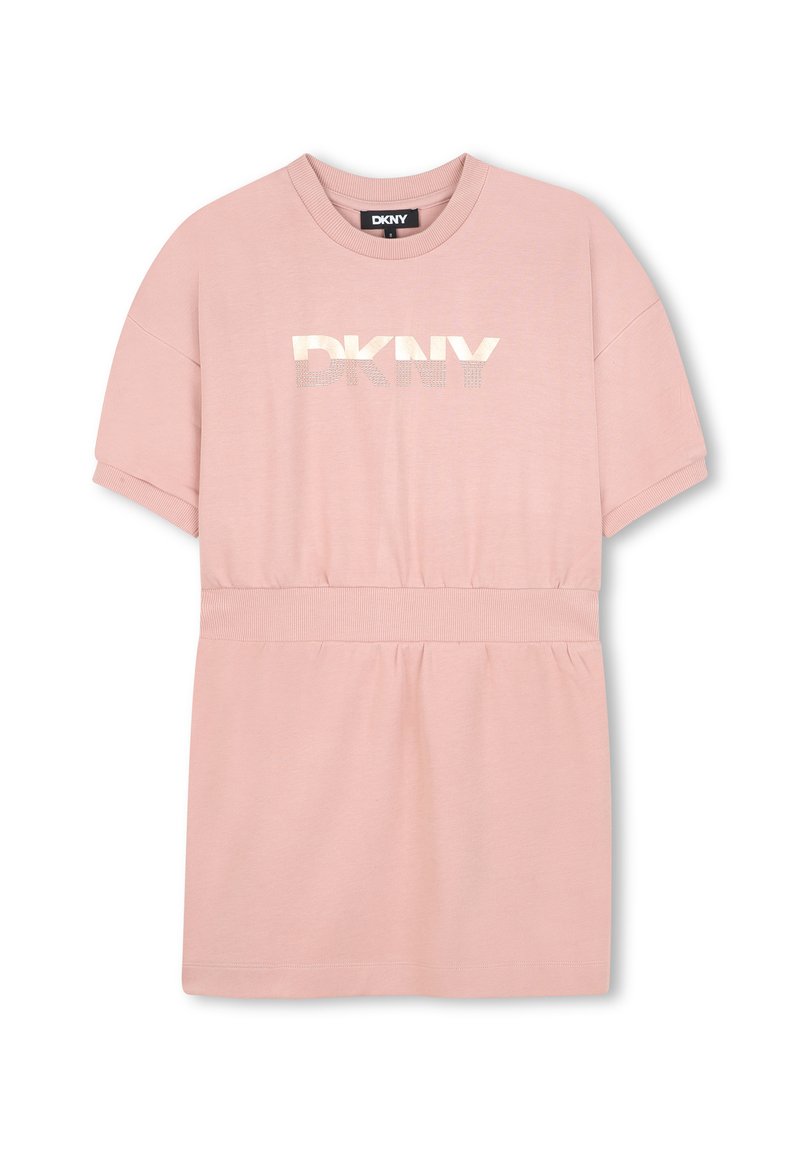 Roze katoenmix T-shirt jurk met korte mouwen, geribbelde halslijn, elastische taille en metallic "DKNY" logo aan de voorkant.