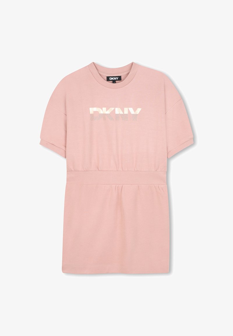Roze katoenmix T-shirt jurk met korte mouwen, geribbelde halslijn, elastische taille en metallic "DKNY" logo aan de voorkant.