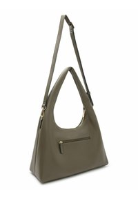 Borsa a spalla hobo in ecopelle verde oliva con una ampia tracolla, parte superiore curva e una tasca con zip frontale per una conservazione sicura.