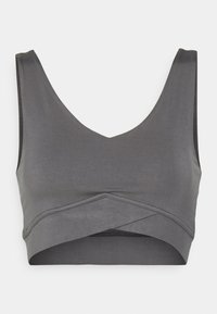 Grauer Bralette mit tiefem V-Ausschnitt, nahtlosem Design und überlappendem Frontdetail. Glattes Material mit matter Oberfläche.