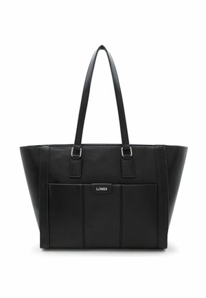 Zwarte leren shopper met twee schouderbanden, voorvak en zilveren merklogo "L.CREDI" op een witte achtergrond.