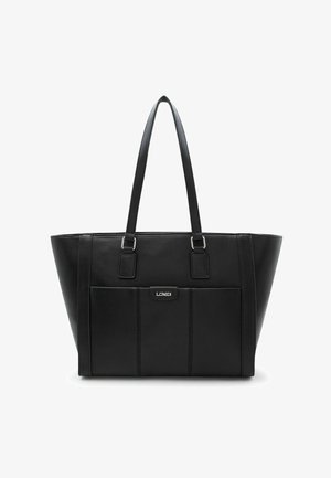 Bolso tote de cuero negro con dos asas para el hombro, un bolsillo frontal y el logo de la marca en plata "L.CREDI" sobre un fondo blanco.