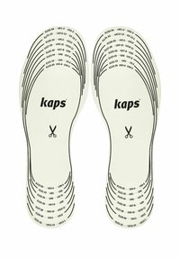 Biele stieliky s čiarami na rezanie označenými čiernou farbou, ktoré majú veľkostné označenia pre EU, UK a USA. Logo "kaps" vytlačené v strede. Ikona nožníc je súčasťou.