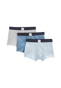 Trois paires de boxers en coton en gris, bleu foncé et bleu clair avec des ceintures et des étiquettes bleu marine. Texture lisse et coupe ajustée.