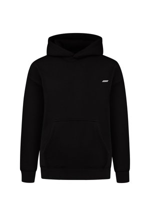 Sudadera negra de tela suave con un bolsillo canguro frontal, puños acanalados y capucha con cordón. Presenta un pequeño logo en el pecho.