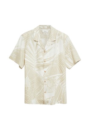 Chemise beige et blanche à manches courtes avec boutons, motif feuille abstrait et col camp sur fond blanc.