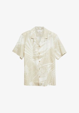Chemise beige et blanche à manches courtes avec boutons, motif feuille abstrait et col camp sur fond blanc.