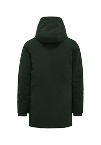 Cappotto imbottito verde scuro con cappuccio, caratterizzato da una linea dritta, maniche lunghe e polsini elasticizzati, progettato per garantire calore e protezione.