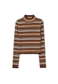 Gestreiftes Rollkragenoberteil mit wechselnden Bändern in Braun, Beige und Weiß. Gerippte Textur, lange Ärmel und eine kürzere Passform.