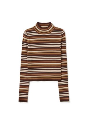 Maglione a collo alto a righe con bande alternate di marrone, beige e bianco. Texture a coste con maniche lunghe e una vestibilità cropped.