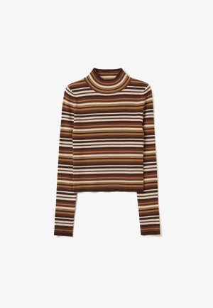 Gestreepte coltrui met afwisselende banden in bruin, beige en wit. Geribbeld textuur met lange mouwen en een cropped fit.