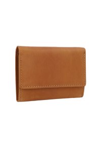 Tan leather wallet with a smooth texture, rectangular shape, visible stitching, and a flap closure. Simple design with no additional patterns.
