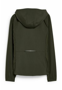 Veste à capuche vert foncé avec manches longues et poche zippée horizontale dans le bas du dos avec détail réfléchissant.