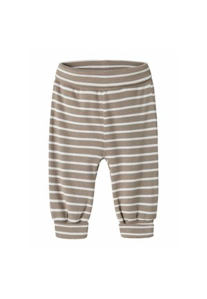Pantalon bébé rayé horizontal beige et blanc avec taille élastique et chevles remontées, en tissu côtelé.