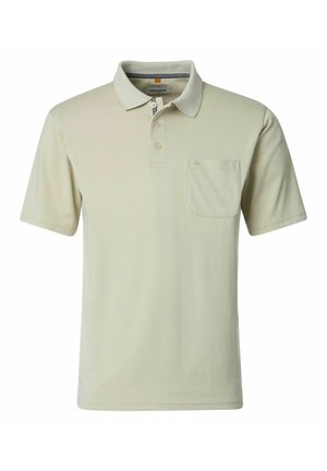 Beige Poloshirt mit kurzen Ärmeln, drei Knöpfen und einer Brusttasche vor weißem Hintergrund.
