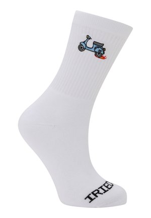 Weißer Crew-Socken mit einem kleinen blauen Roller nahe der Oberseite gestickt und schwarzem "IRIEDAILY" Text auf der Zehe.