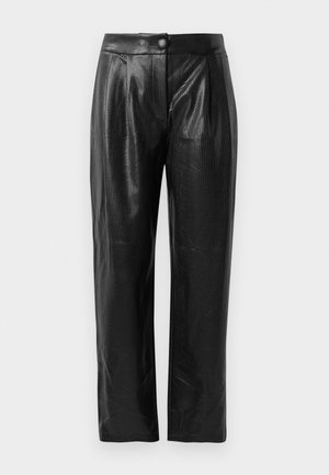 Black faux leather trousers featuring a textured surface, wide-leg cut, front pleats, and a single button closure at the waistband.