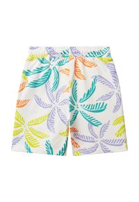 Shorts en tissu extensible, à fond blanc ornés de motifs de feuilles multicolores en teal, orange, jaune et violet. Taille élastique.