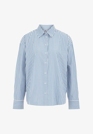 Modrá a biela pruhovaná košeľa s button-up zapínaním, s klasickým golierom, dlhými rukávmi a voľným strihom, s rovnomerne rozmiestnenými vertikálnymi pruhmi.