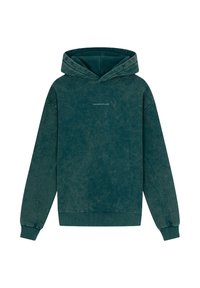 Teal hoodie van zachte, gestructureerde stof met een trekkoordkap. Heeft ribgebreide manchetten en zoom, met "TOMORROWLAND" gedrukt op de voorkant.