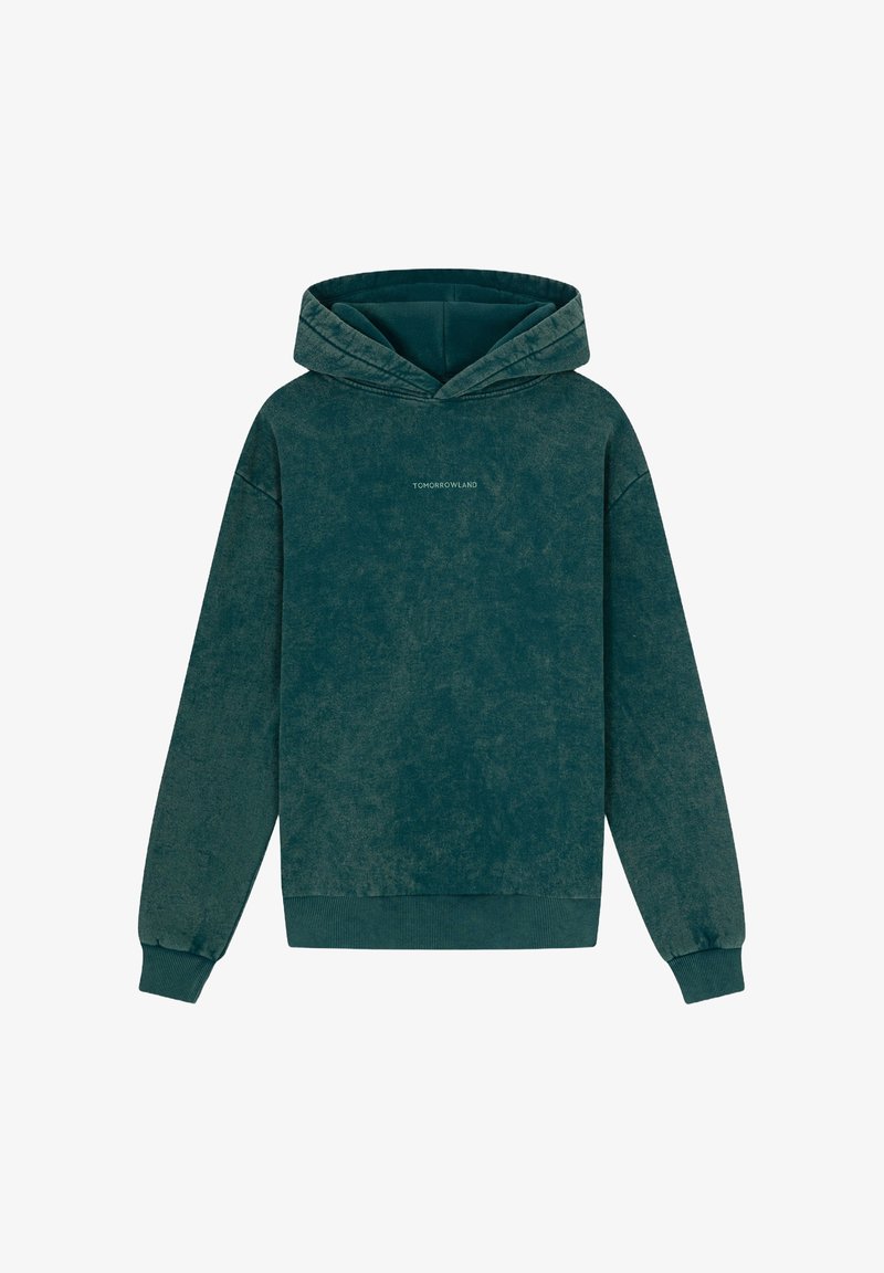 Teal hoodie van zachte, gestructureerde stof met een trekkoordkap. Heeft ribgebreide manchetten en zoom, met "TOMORROWLAND" gedrukt op de voorkant.