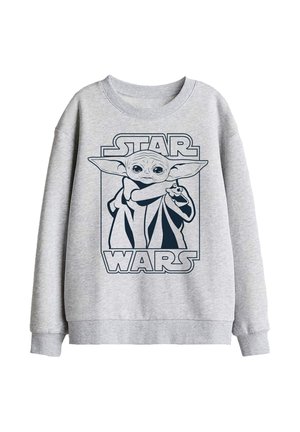 Gray sweatshirt featuring an illustration of Baby Yoda with arms raised inside a rectangle, with "Star Wars" text above and below.