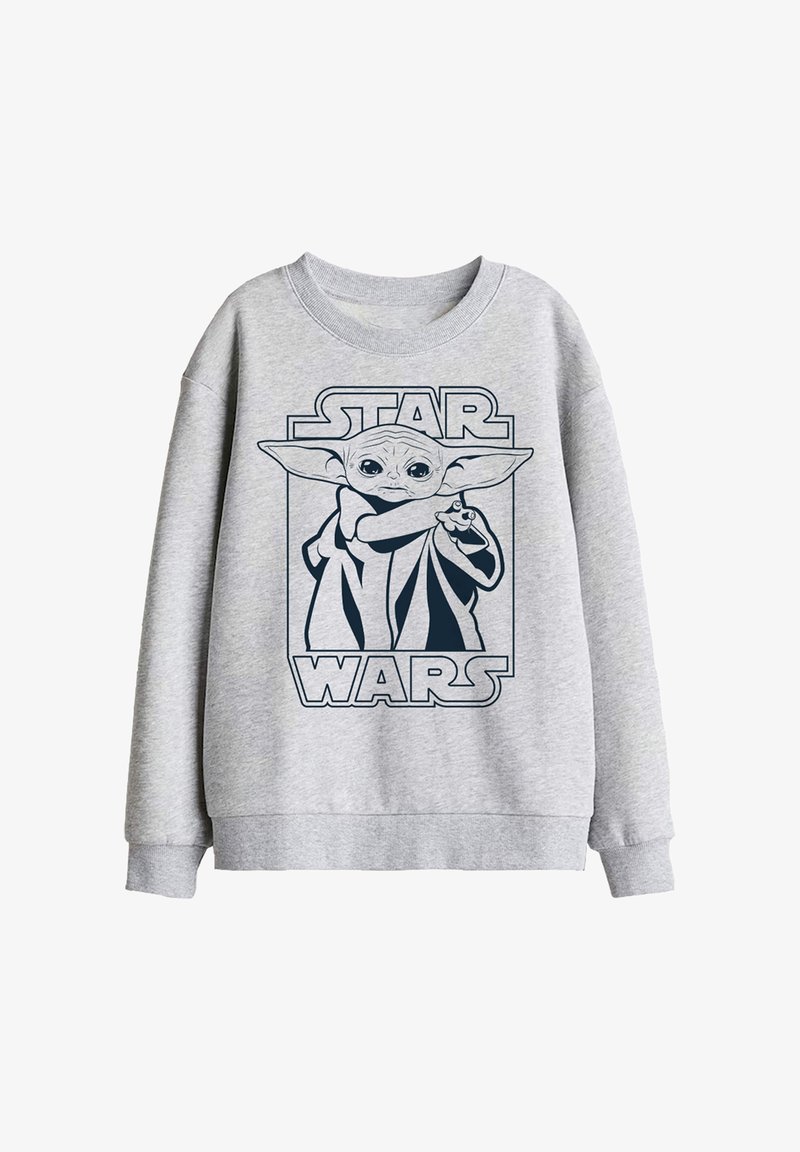 Gray sweatshirt featuring an illustration of Baby Yoda with arms raised inside a rectangle, with "Star Wars" text above and below.