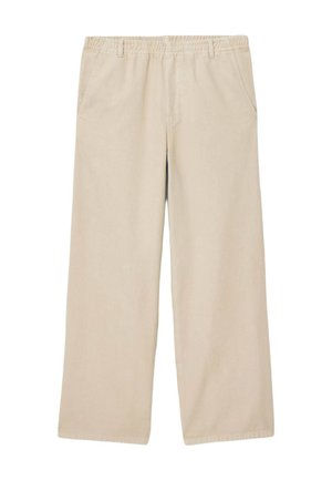 Pantaloni beige a gamba larga con vita elasticizzata, passanti per cintura, tasche laterali e orlo dritto.