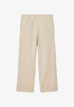 Pantalones beige de pierna ancha con cintura elástica, trabillas, bolsillos laterales y dobladillo recto.