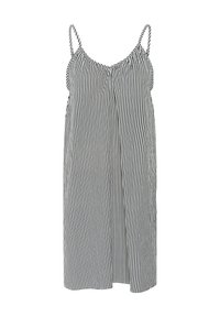 Rochie cu dungi, cu bretele subțiri, având dungile verticale negre și albe și un design liber, fluid. Fabricată dintr-un material ușor.