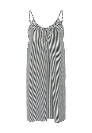 Robe rayée avec des bretelles fines, présentant des rayures verticales noires et blanches et un design ample et fluide. Fabriquée en tissu léger.