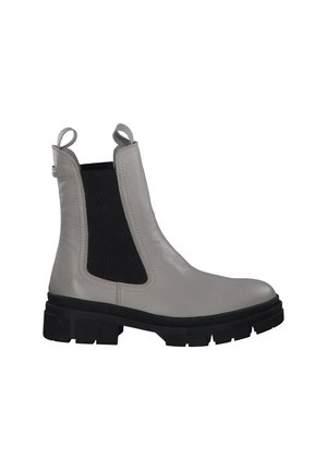 Light grey Chelsea boot in leather with elastic side panels and a textured black accent. Chunky black rubber sole and pull tabs on the heel.
