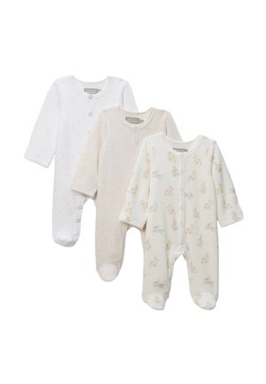 Trois grenouillères bébé à manches longues en blanc, beige et blanc avec des imprimés animaux, chacune avec des boutons-pression sur le devant et les pieds couverts.