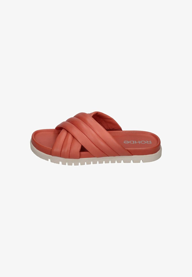 Coral slide sandal with woven straps, rubber sole, and white tread. Features a flat heel and cushioned footbed for comfort.