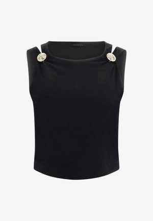 Schwarzes ärmelloses Oberteil mit gerippter Textur, ausgestattet mit zwei dekorativen goldenen Knöpfen an den Schultern und einer taillierten Silhouette. Markenlabel sichtbar.