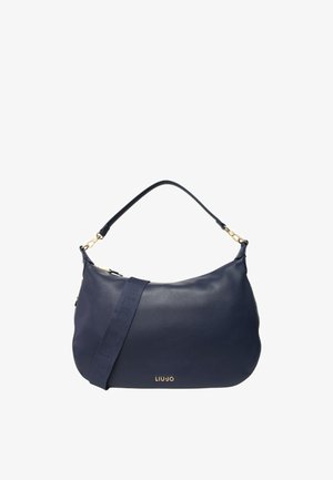 Borsa a spalla in pelle blu navy con tracolla regolabile, accessori in oro e dettagli testurizzati. Presenta una chiusura con zip e logo del marchio in rilievo.