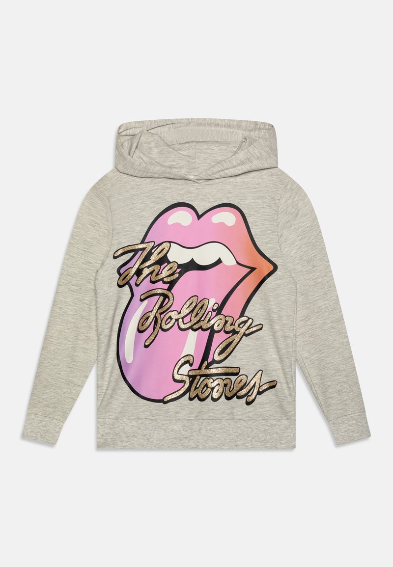 Felpa grigia chiara con un grande e colorato grafico di labbra nelle tonalità di rosa e arancione, accompagnato da una scritta dorata lucida che recita "The Rolling Stones."