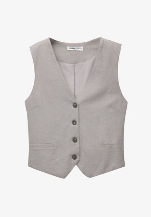Grijze vest met een V-halsontwerp, vijf knopen langs de voorkant en twee zijzakken. Gemaakt van een gestructureerde stof. Voering is effen grijs.
