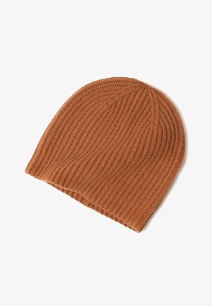 Brown ribbed knit beanie hat with a soft texture and streamlined shape, featuring a fold at the bottom for added comfort.