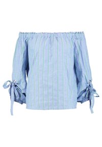 Leichtblaue schulterfreie Bluse mit senkrechten grünen Streifen, ausgestattet mit Puffärmeln, die an den Bündchen mit Stoffschleifen gebunden sind.