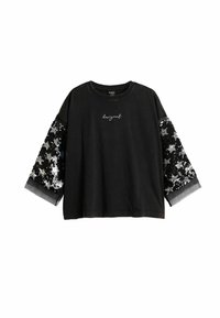 Schwarzes Baumwollhemd mit weiten Ärmeln, verziert mit silbernen und schwarzen Pailletten an den Ärmeln und dem auf der Vorderseite gestickten Schriftzug "designual".