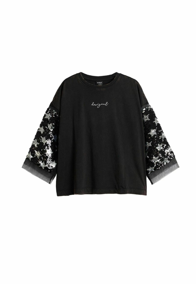Schwarzes Baumwollhemd mit weiten Ärmeln, verziert mit silbernen und schwarzen Pailletten an den Ärmeln und dem auf der Vorderseite gestickten Schriftzug "designual".