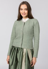 Helles grün gestricktes Cardigan mit einem strukturierten Muster, rundem Halsausschnitt und vorderen Knöpfen. Kombiniert mit einem dunkelgrünen Satinrock.