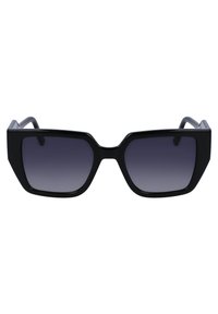 Black rectangular sunglasses with dark gradient lenses, thick frames, and angular design; features a slight curve at the temples.