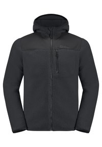 Giacca in pile di colore grigio scuro con un pannello superiore in nylon nero liscio. Caratterizzata da una zip frontale e da una tasca sul petto con zip. Design con cappuccio.